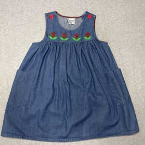 Vintage Samara  Girl’s Denim Jumper Dress with Embroidered Flowers Size 6